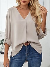 cheap Work Tops-Women&#039;s Shirt Dressy Tops Elegant 3/4 Length Sleeve V Neck Ruched Black White Dusty Rose Khaki Spring &amp; Summer