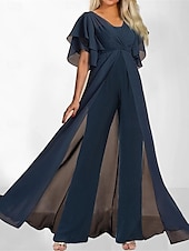 billige Jumpsuits-Dame Normal Kjeledresser Elegant Helfarge Kortermet V-hals Høy Midje Med tog Kontor Arbeid Normal Navyblå Sommer