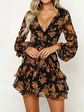 preiswerte Elegante Blumenkleider-Damen Freizeitkleid Blumendruck V-Ausschnitt Minikleid Stilvoll Casual Täglich Date Langarm Herbst