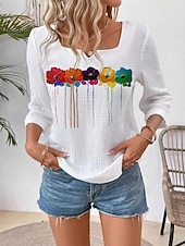 olcso Luxus ingek-Női Blúz 100% pamuk Nyomtatott Virágos Elegáns Háromnegyedes Vágott nyak Normál felsők Napi Alkalmi Fehér Nyár