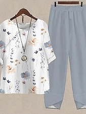 voordelige Basisshirts voor dames-Overhemd Set Dames Wit Blozend Roze blauw Flora 2-stuks Afdrukken Straat Dagelijks Modieus Ronde hals Normale pasvorm S