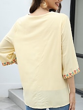billige Kvinnenes ferietopper-Dame Bluse Geometrisk Bohem 3/4 ermer V-hals Vanlige topper Daglig Broderi Svart Hvit Gul Rød Blå Sommer