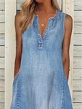 cheap Denim Dresses-Women&#039;s Denim Dress Midi Dress Denim Patchwork Date Vacation Streetwear Basic V Neck Sleeveless Blue Color