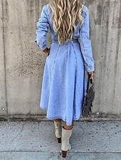 billiga Denimklänningar-Dam Denimklänningar Skjortklänning Midiklänning Datum Semester Denim Grundläggande Modern Tröjkrage Knapp Ficka Långärmad Sommar Vår Normal Slät