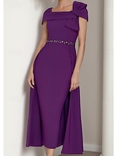 preiswerte Bodenlänge-Sheath Brautmutter Kleid Elegantes Quadrat-Ausschnitt Tee-Länge Stretch-Stoff Kurzarm mit Schleife(n) Tier Einfarbig Rennsport Kleid kostenlose Maßanfertigung