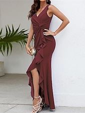 olcso Buliruhák-Női Bodycon Maxiruha Fodrozott Hasított Koktélparty Elegáns Előírásos V-alakú Ujjatlan Fekete Bor Sötétkék Szín
