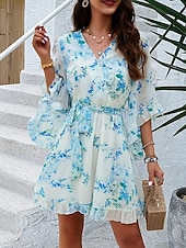 billiga Casual blommiga klänningar-kvinnors omlottklänning blommig volang bälte v-ringad fladderärm miniklänning elegant daglig 3/4 lång ärm sommar