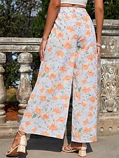 billiga breda ben och hög midja-Dam Brett skaft Byxor Streetwear Ledigt Lång Hög midja Blommig Leopard Ficka Tryck Elastisk dragsko-design Mateial som andas Mjuk Microelastisk Semester Gata Dagliga kläder Leopard Blå Sommar Vår