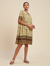 cheap Print Casual Dress-Chiffon Geometric Boho V Neck Short Sleeve Mini Dress
