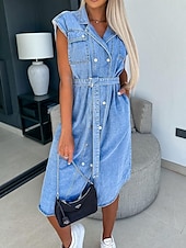 tanie Sukienki dżinsowe-Damskie Dżinsowe sukienki Sukienka koszulowa Sukienka midi Randka Urlop Jeans Podstawowy Nowoczesny Kołnierzyk koszuli Kieszeń Pasy Krótki rękaw Lato Wiosna Regularny Równina