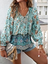 billige Boho topper-damebluse stilig boho blomsterslips foran lanternearm langermet knytehals daglig rosa marineblå oransje grønn sommer