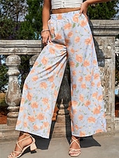 billiga breda ben och hög midja-Dam Brett skaft Byxor Streetwear Ledigt Lång Hög midja Blommig Leopard Ficka Tryck Elastisk dragsko-design Mateial som andas Mjuk Microelastisk Semester Gata Dagliga kläder Leopard Blå Sommar Vår