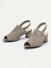 billige Uformelle sandaler-kvinners beige peep toe slingback hæler - stilige strikkede blokkhælsandaler