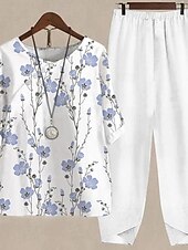 voordelige Basisshirts voor dames-Overhemd Set Dames Wit Blozend Roze blauw Flora 2-stuks Afdrukken Straat Dagelijks Modieus Ronde hals Normale pasvorm S