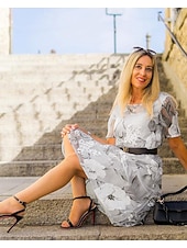 cheap Casual Dress-Women&#039;s Elegant Chiffon Dress Floral Mesh Print Crew Neck Midi Dress Daily Vacation Short Sleeve Summer Spring