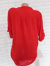cheap Shirts-Women&#039;s Shirt Cotton Linen Shirts Button Up Blouse Plain Fashion V Neck Street Daily Buttons Pocket White Red Blue Beige Summer