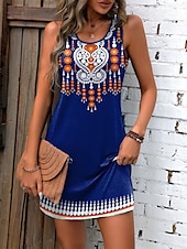 ieftine Rochii boho-Rochie Mini pentru Femei Rochie Mică Rochie de Plajă Rochie Tip Tank Rochie de Vară Boho Vacanță Zi cu Zi Sărbătoare Ajustare Normală Geometrică Fără Mâneci Guler Rotund Albastru Vară