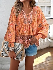 billige Boho topper-damebluse stilig boho blomsterslips foran lanternearm langermet knytehals daglig rosa marineblå oransje grønn sommer