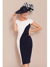cheap With Jacket-Two Piece Sheath Mother of the Bride Dress Elegant Jewel Neck Knee Length Stretch Fabric 3/4 Length Sleeve with Color Block Derby Dress Race Day Dress 2025 free custom size