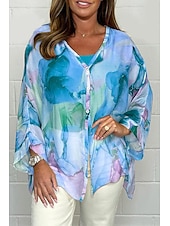 cheap Women&#039;s Graphic Tops-Women&#039;s Blouse Elegant Ombre Buttons Flutter Sleeve Long Sleeve Regular Tops V Neck Daily Pink Blue Orange Green Summer Fall