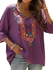 billige Kvinnenes ferietopper-Dame Bluse Geometrisk Bohem 3/4 ermer V-hals Vanlige topper Daglig Broderi Svart Hvit Gul Rød Blå Sommer