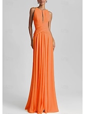 billiga GUL-Strandbröllop A-Line Aftonklänning Elegant Klänning Formell Bröllopsgäst Golvlängd Utan Ärmar Juvelhals Chiffon med Strass Glittrande Fållar