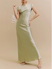 abordables Robes pour invitées de mariage-Robes de mariage invitée fourreau sauge Élégante Robe Formelle Cravate noire Longueur au sol Manches courtes Col bateau Charmeuse Dos nu avec fronces 2025