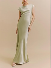abordables Robes pour invitées de mariage-Robes de mariage invitée fourreau sauge Élégante Robe Formelle Cravate noire Longueur au sol Manches courtes Col bateau Charmeuse Dos nu avec fronces 2025