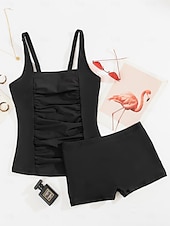 baratos Tankinis-Mulheres Normal Roupa de Banho Tankini 2 partes Fatos de banho roupa de banho Franzido 2 Peças Côr Sólida Xadrez Com Alças Roupa de Praia Básico Fatos de banho