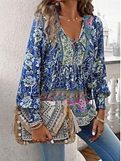 billige Boho topper-damebluse stilig boho blomsterslips foran lanternearm langermet knytehals daglig rosa marineblå oransje grønn sommer