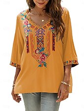 billige Kvinnenes ferietopper-Dame Bluse Geometrisk Bohem 3/4 ermer V-hals Vanlige topper Daglig Broderi Svart Hvit Gul Rød Blå Sommer