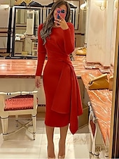 economico Abiti da cocktail-Abiti da cocktail scivolati per matrimoni in spiaggia abito elegante formale autunno lunghezza ginocchio manica lunga scollo gioiello tessuto elasticizzato con pieghe abiti Derby arricciati 2025