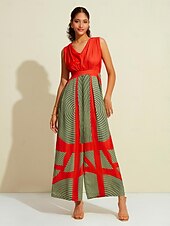 Недорогие Jumpsuits-атласный полосатый комбинезон без рукавов с v-образным вырезом