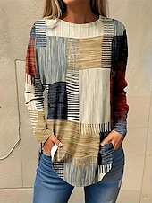 abordables T-shirt rayé et géométrique-Femme Normal T shirt Graphic Plaid Rétro Vintage Mode Décontractées manche longue Col Rond Hauts réguliers Vacances du quotidien Sortie Patchwork Imprimer Jaune Rose Claire Gris Clair Toutes les