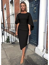 preiswerte Teelänge-Sheath Kleid der Mutter der Braut Hochzeitsgast Elegantes Einfaches Plus Size Juwel Dekolleté Asymmetrisch Knie Länge Charmeuse Halblange Ärmel mit Stufen kostenlose Sondergröße