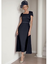 preiswerte Bodenlänge-Sheath Brautmutter Kleid Elegantes Quadrat-Ausschnitt Tee-Länge Stretch-Stoff Kurzarm mit Schleife(n) Tier Einfarbig Rennsport Kleid kostenlose Maßanfertigung