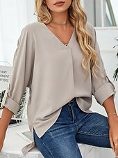 cheap Work Tops-Women&#039;s Shirt Dressy Tops Elegant 3/4 Length Sleeve V Neck Ruched Black White Dusty Rose Khaki Spring &amp; Summer