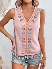 billige Boho t-skjorte-Dame Singleter Fritid Ermeløs V-hals Vanlige topper Daglig Trykt mønster Svart Hvit Rosa matt-hvit Sommer