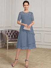 abordables Longueur du thé-Robe mère de la mariée A-Line élégante formelle à col bijou longueur thé en chiffon à courte manche avec dentelle taille sur mesure gratuite