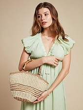 economico Borsette e borse tote-Per donna Borsetta Borsa di paglia Borsa a cupola Paglia Per eventi Spiaggia Viaggi Cerniera Manico in bambù Massima capacità Trasporto multiplo Tinta unica Color Block Marrone chiaro Beige