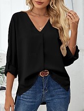 cheap Work Tops-Women&#039;s Shirt Dressy Tops Elegant 3/4 Length Sleeve V Neck Ruched Black White Dusty Rose Khaki Spring &amp; Summer