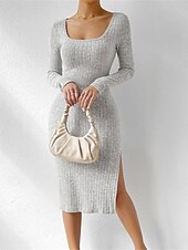 tanie Sukienki t-shirtowe-Damskie Codzienne sukienki Sukienka midi Rozcięcie Randka Urlop Moda miejska Codzienny Kwadratowy dekolt Długi rękaw Czarny Jasnoszary Kolor