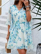 billiga Casual blommiga klänningar-kvinnors omlottklänning blommig volang bälte v-ringad fladderärm miniklänning elegant daglig 3/4 lång ärm sommar
