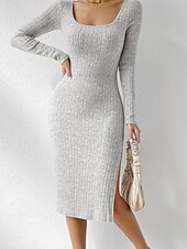 tanie Sukienki t-shirtowe-Damskie Codzienne sukienki Sukienka midi Rozcięcie Randka Urlop Moda miejska Codzienny Kwadratowy dekolt Długi rękaw Czarny Jasnoszary Kolor