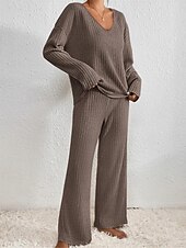voordelige Nachtkleding voor dames-dames pyjama sets pure kleur mode comfort thuis dagelijks bed brei ademend v draad lange mouwen broek elastische taille lente herfst zwart kameel thuis outfits