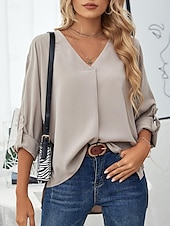 cheap Work Tops-Women&#039;s Shirt Dressy Tops Elegant 3/4 Length Sleeve V Neck Ruched Black White Dusty Rose Khaki Spring &amp; Summer