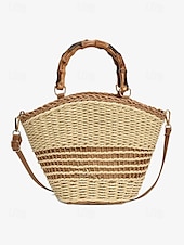 economico Borsette e borse tote-Per donna Borsetta Borsa di paglia Borsa a cupola Paglia Per eventi Spiaggia Viaggi Cerniera Manico in bambù Massima capacità Trasporto multiplo Tinta unica Color Block Marrone chiaro Beige