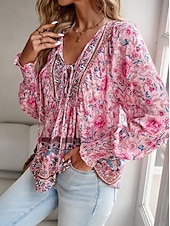 billige Boho topper-damebluse stilig boho blomsterslips foran lanternearm langermet knytehals daglig rosa marineblå oransje grønn sommer