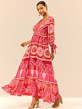 cheap Vacation Dresses-Women&#039;s Graphic Tiered Bow V Neck Puff Sleeve Maxi Dress Elegant Stylish Vacation 3/4 Length Sleeve Summer