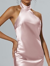 voordelige Bruiloftsgastjurken-Sheath Bruidsgast Jurken Elegante Jurk Bruidsgast Semi Formeel Vloerlengte Mouwloos Halter Hals Imitatiezijde Met Split 2025